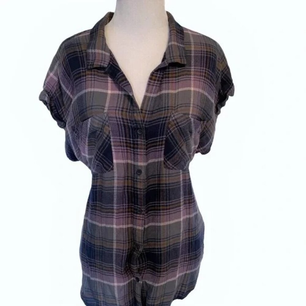 Anthropologie Cloth & Stone Purple Plaid Button Down Top - Picture 2 of 6